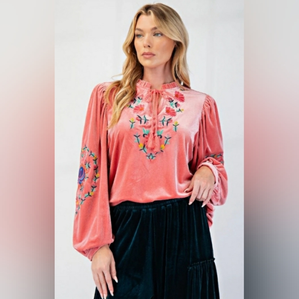 easel Pink Velvet Embroidered Boho Blouse